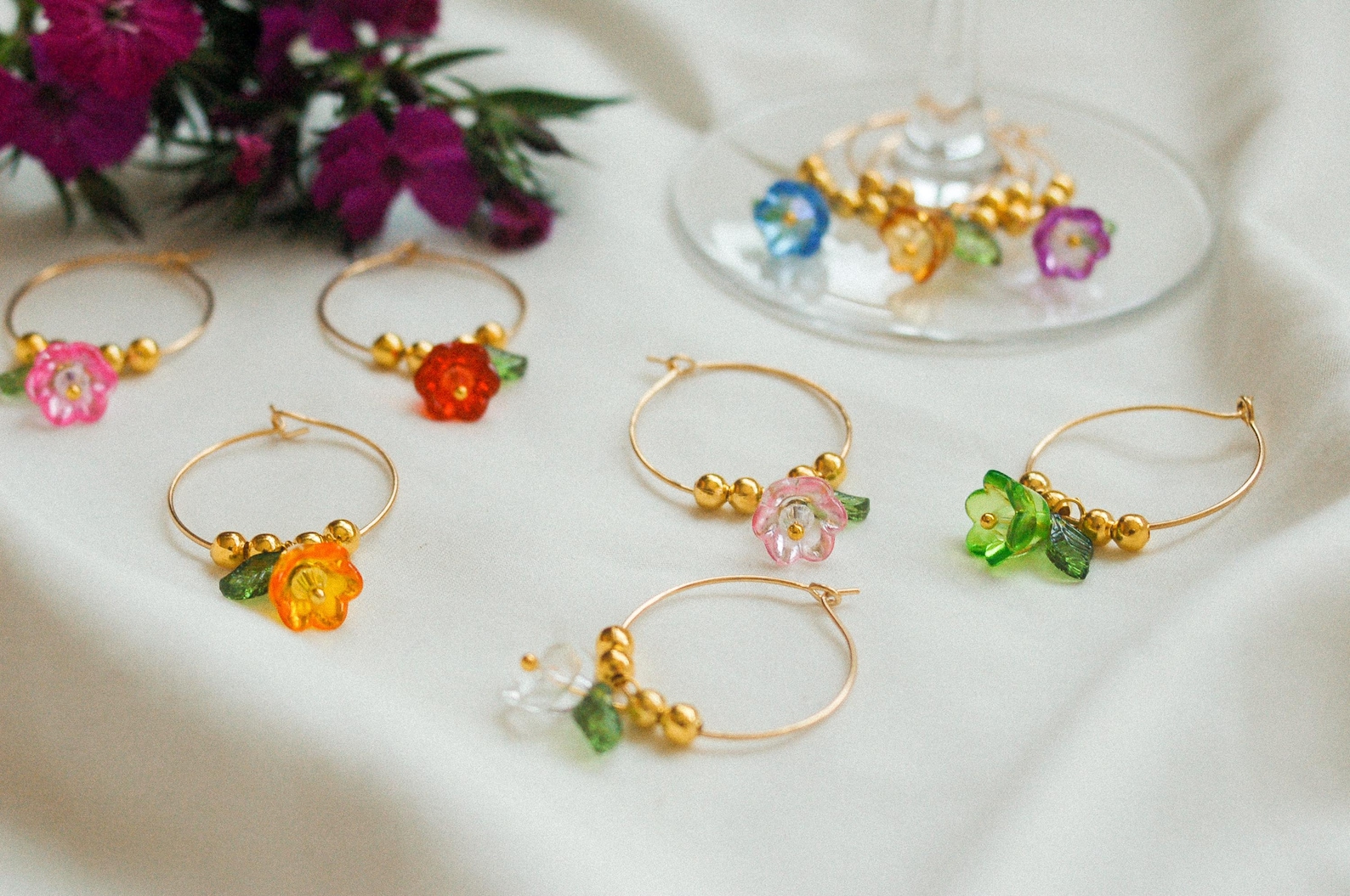 Tulip Floral Wine Charms Set of 6 or 8 Handmade by Juju - Only set of 8 flower