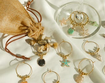 Juego de 8 adornos para copas de vino con forma de concha marina/océano, hechos a mano.