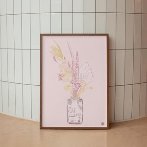 Minimalist Floral Poster - Dried Flowers Illustration - Soft Pink Wall Art - Botanical Line Art Print - Boho Home Decor