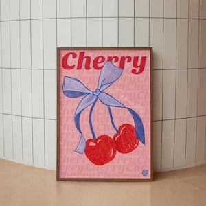 Poster carino con ciliegia - Illustrazione retrò da ragazza con nodo blu | Decorare la camera da letto, la cucina o il soggiorno in stile vintage