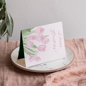 Tulip Birthday Card - Floral Happy Birthday - Watercolor Illustration of Pink Flowers - Elegant Card for Wife, Friend, Mom
