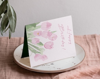 Carte d'anniversaire tulipes - Happy Birthday floral - Illustration aquarelle de fleurs roses - Carte élégante pour femme, amie, maman