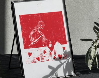 Linocut Print Skeleton, Amor, skeleton poster of love, burying his heart