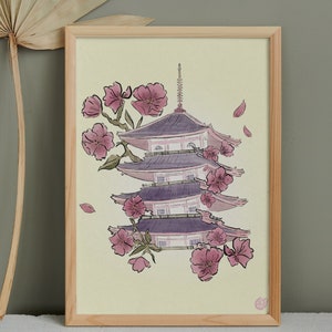 Peut inclure: Une peinture à l'aquarelle d'une pagode violette et blanche avec des fleurs de cerisier roses. La pagode est entourée de pétales de cerisier tombants.