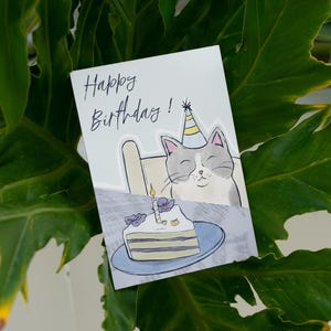 Carte d'Anniversaire Chat – Version Rose ou Bleue – Carte Illustrée "Happy Birthday" – Carte Mignonne pour Enfant ou Adulte image 2
