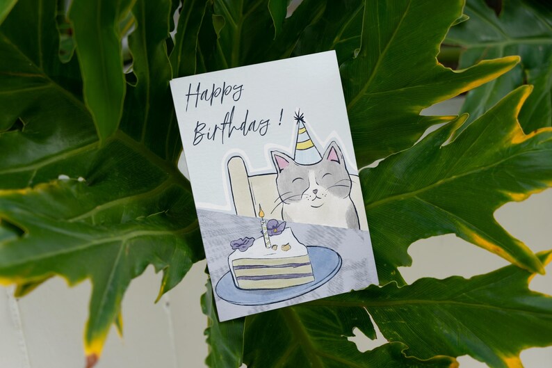 Carte d'Anniversaire Chat – Version Rose ou Bleue – Carte Illustrée "Happy Birthday" – Carte Mignonne pour Enfant ou Adulte image 2