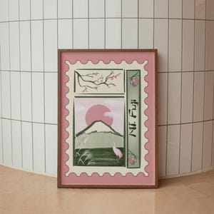 Mt. Fuji Stempel Poster - Japanisch inspirierte Wandkunst - Minimalistischer Reisedruck - Japan Ästhetisches Dekor - Sakura & Kranich Illustration