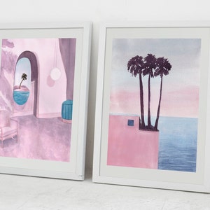 Affiche Aquarelle – Lot de 2 Impressions d’Art Estivales – Paysage Minimaliste – Palmiers & Espace Abstrait – Déco Murale Douce et Colorée