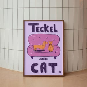 Purple Dachshund and Cat Art Print - Cute Funny Animal Wall Decor, Digital Illustration Poster for Pet Lovers & Kids Room