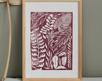 Follaje en linóleo, póster con decoración floral, grabado A4