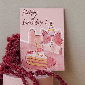 Carte d'Anniversaire Chat – Version Rose ou Bleue – Carte Illustrée "Happy Birthday" – Carte Mignonne pour Enfant ou Adulte