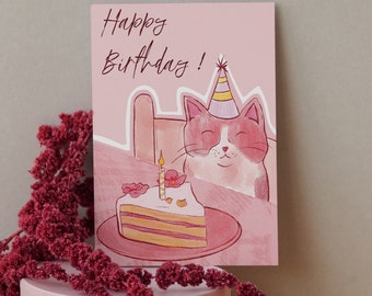 Cat Birthday Card – Pink or Blue Version – Illustrated “Happy Birthday” Card – Cute Card for Child or Adult