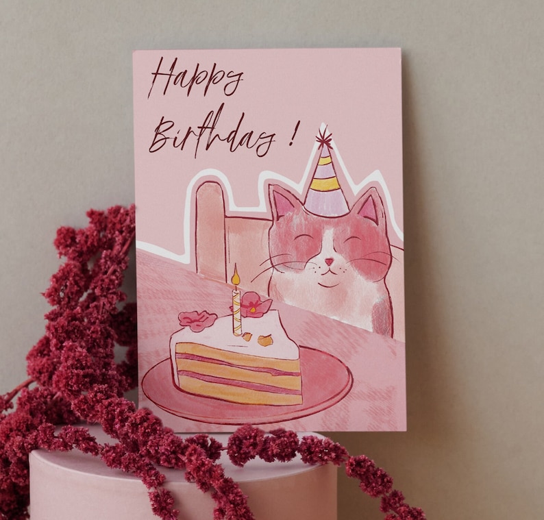 Carte Happy Birthday rose pâle Cat and cake