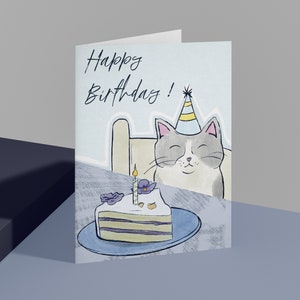 Carte d'Anniversaire Chat – Version Rose ou Bleue – Carte Illustrée "Happy Birthday" – Carte Mignonne pour Enfant ou Adulte Bleu
