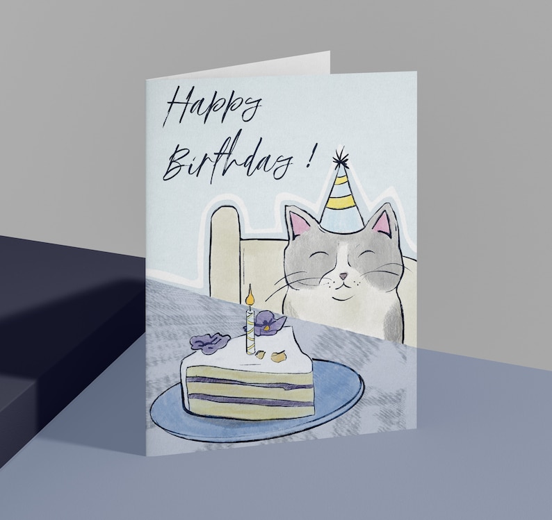 Carte d'Anniversaire Chat – Version Rose ou Bleue – Carte Illustrée "Happy Birthday" – Carte Mignonne pour Enfant ou Adulte Bleu