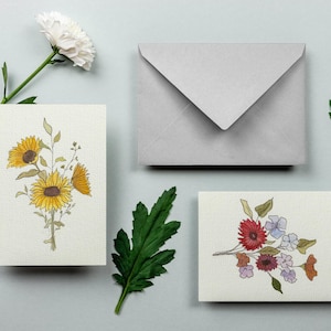 Sets of two vintage cards bouquet of fields and sunflower handmade, painted, watercolor
