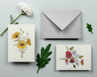 Sets of two vintage cards bouquet of fields and sunflower handmade, painted, watercolor