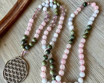 Japa Mala en quartz rose, serpentine d'eau de mer et améthyste /colliers de yoga/colliers de méditation/ 108 grains/108 boules/