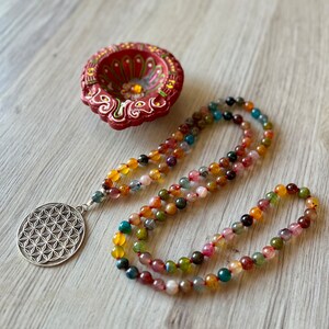 Japa Mala en agate multicolore/colliers de yoga/colliers de méditation/108 grains/108 boules/agate/fleur de vie image 2