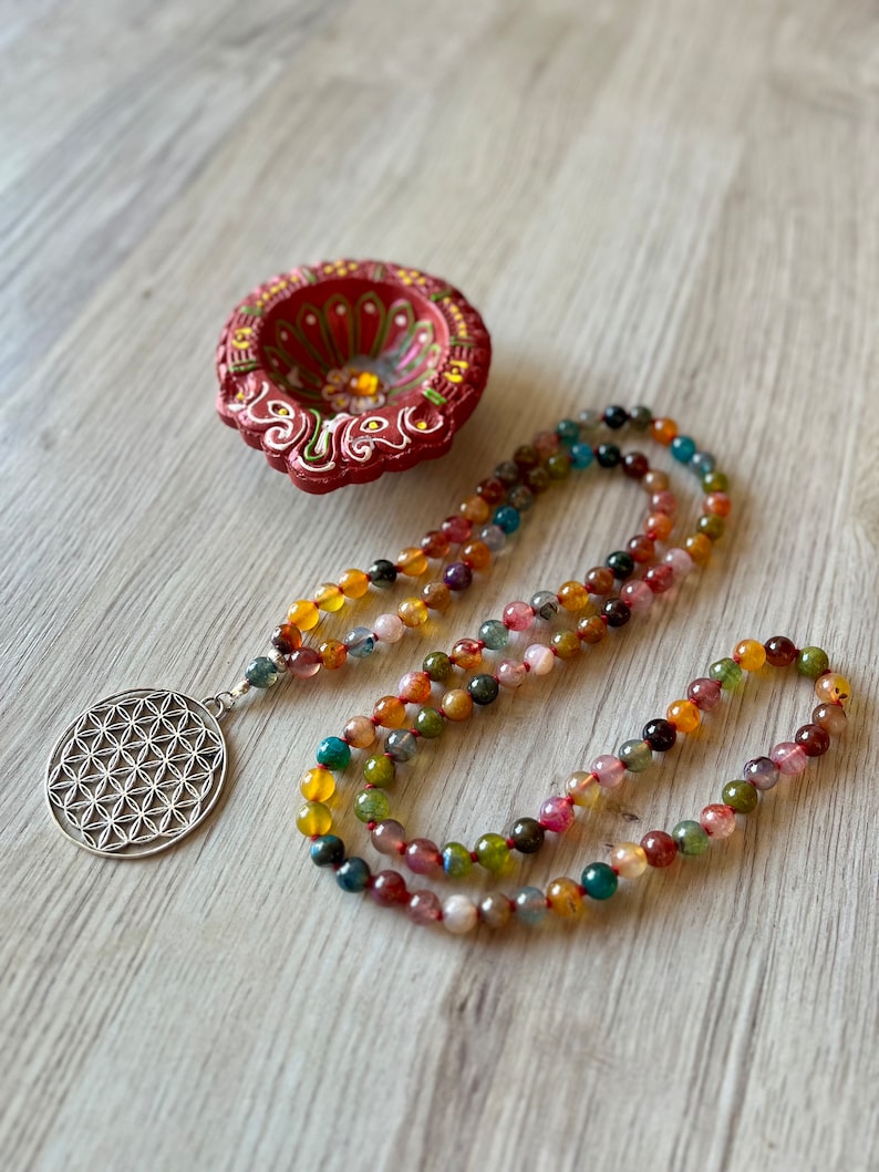 Japa Mala en agate multicolore/colliers de yoga/colliers de méditation/108 grains/108 boules/agate/fleur de vie image 2