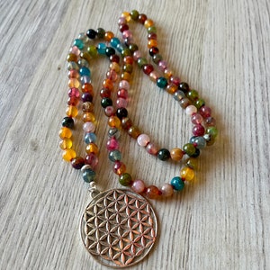 Japa Mala en agate multicolore/colliers de yoga/colliers de méditation/108 grains/108 boules/agate/fleur de vie image 3