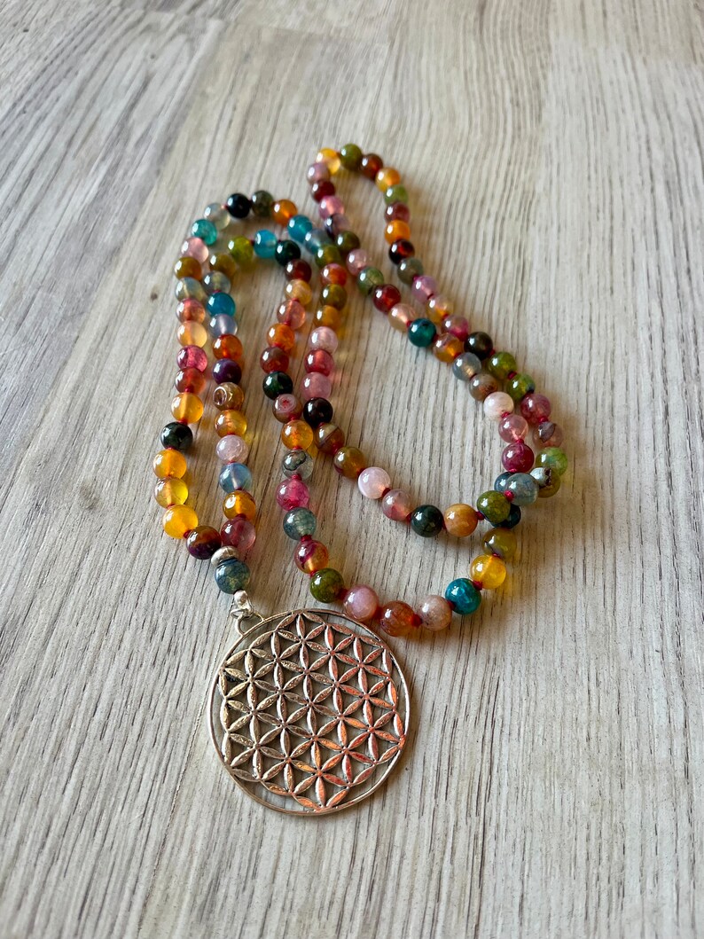 Japa Mala en agate multicolore/colliers de yoga/colliers de méditation/108 grains/108 boules/agate/fleur de vie image 3