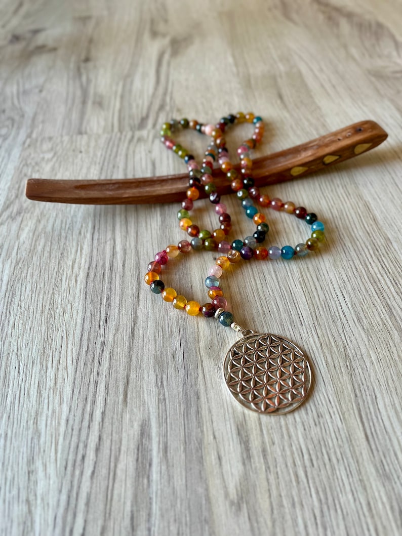 Japa Mala en agate multicolore/colliers de yoga/colliers de méditation/108 grains/108 boules/agate/fleur de vie image 6