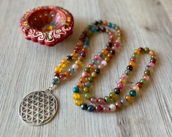 Japa Mala en agate multicolore/colliers de yoga/colliers de méditation/108 grains/108 boules/agate/fleur de vie