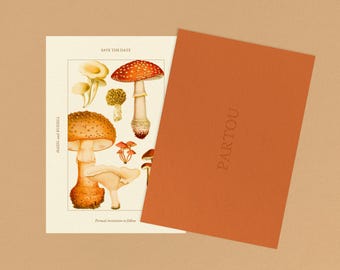 Woodland Wedding Save the Dates | A6 Customizable Canva template with Enchanting Toadstool Drawings For Whimsical Boho Forest Wedding