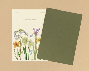 Whimsical Boho Floral Bouquet Save the Dates | A6 Customizable Editable Canva Template with Colorful Vintage Botanical Illustrations