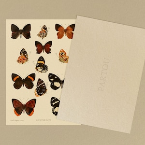 Elegante farfalla Save the Dates / Modello personalizzabile modificabile A6 con illustrazione stravagante ispirata alla natura