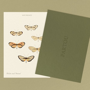 May include: Save the date card with a light brown background and illustrations of butterflies. The text "Save the Date" is at the top of the card. The text "Celeste and Samuel" is at the bottom of the card. The card is on top of a green envelope with the text "PARTOU" printed on it.