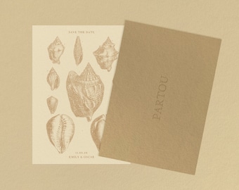 Vintage Coastal Save the Dates for Beach Wedding | A6 Customizable Canva Template with Nautical Shell Illustrations