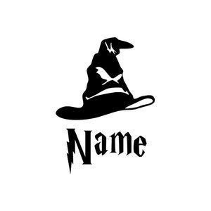 May include: Black and white silhouette of the Sorting Hat from the Harry Potter series with the word "Name" underneath.