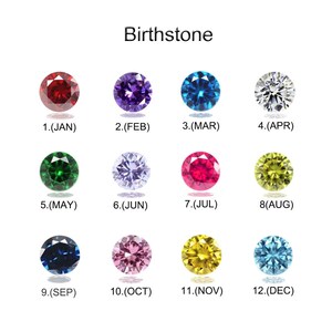 May include: A chart showing the birthstones for each month of the year. The chart features a colorful gemstone for each month, with the month and number listed below each stone.