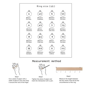 May include: A chart showing ring sizes in US sizing with corresponding inner diameter and circumference measurements in millimeters. The chart includes sizes 4 through 11.5.  A diagram shows how to measure your finger for a ring.