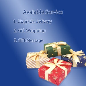 May include: Four gift boxes wrapped in different patterned paper with gold ribbon. The boxes are on a blue background with the text "Avaiable Service" and a list of services: "1. Upgrade Delivery", "2. Gift Wrapping", "3. Gift Message".