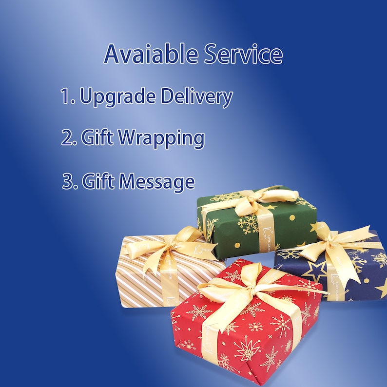 May include: Four gift boxes wrapped in different patterned paper with gold ribbon. The boxes are on a blue background with the text "Avaiable Service" and a list of services: "1. Upgrade Delivery", "2. Gift Wrapping", "3. Gift Message".