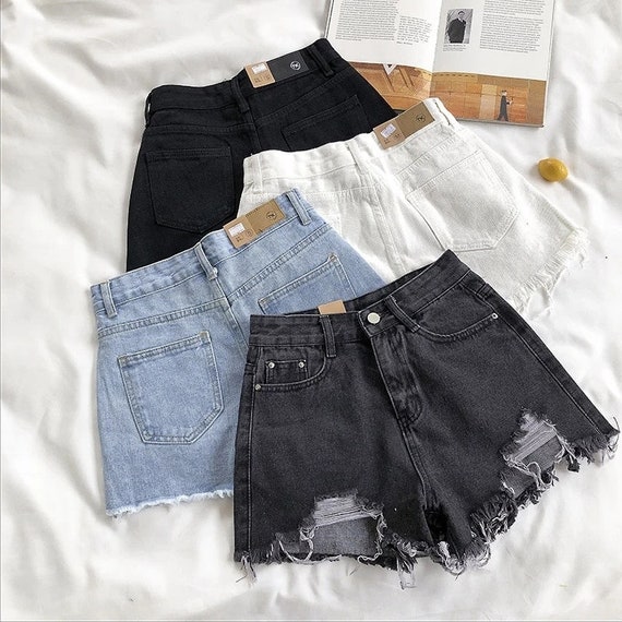 Women Wide Leg Hole Black Denim Shorts 
