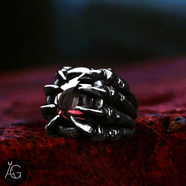 BAGUE Griffe de Dragon en Acier et Gemme Rouge ou Noire -Bague Gothique -Bague Dragon -Bague Metallica -Chevalière Dragon -Idée Cadeau Homme