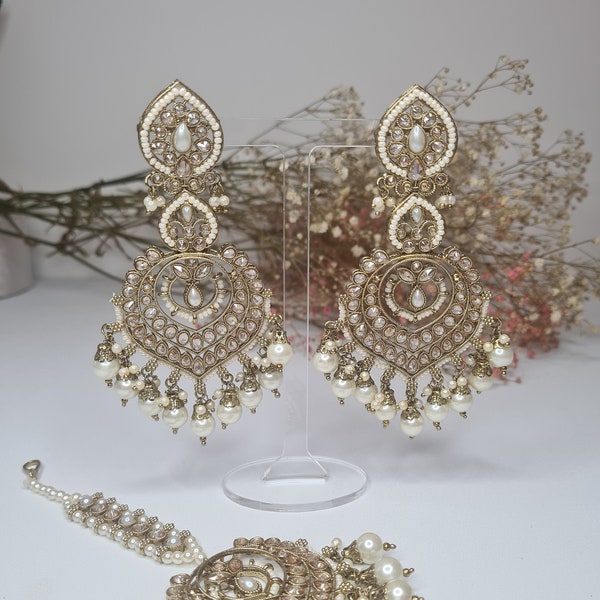 Indian Jewellery Set Gold Finish Polki Earrings & Matching Tikka Partywear Mehndi
