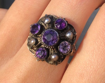 Antique Austro Hungarian Silver Amethyst Pearl Ring Size J