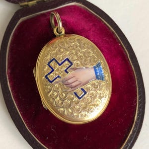 Antique Gold Enamel Hand & Cross Sentimental Locket Pendant