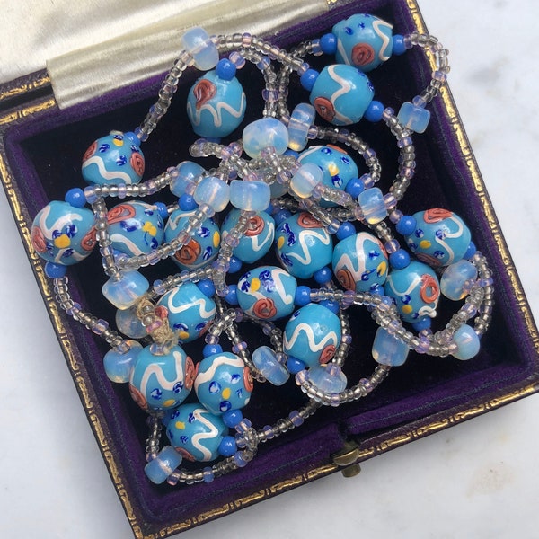 Vintage Venetian Blue Glass Rose Bead Long Necklace