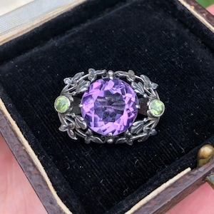 Arts & Crafts Style Silver Amethyst Peridot Brooch