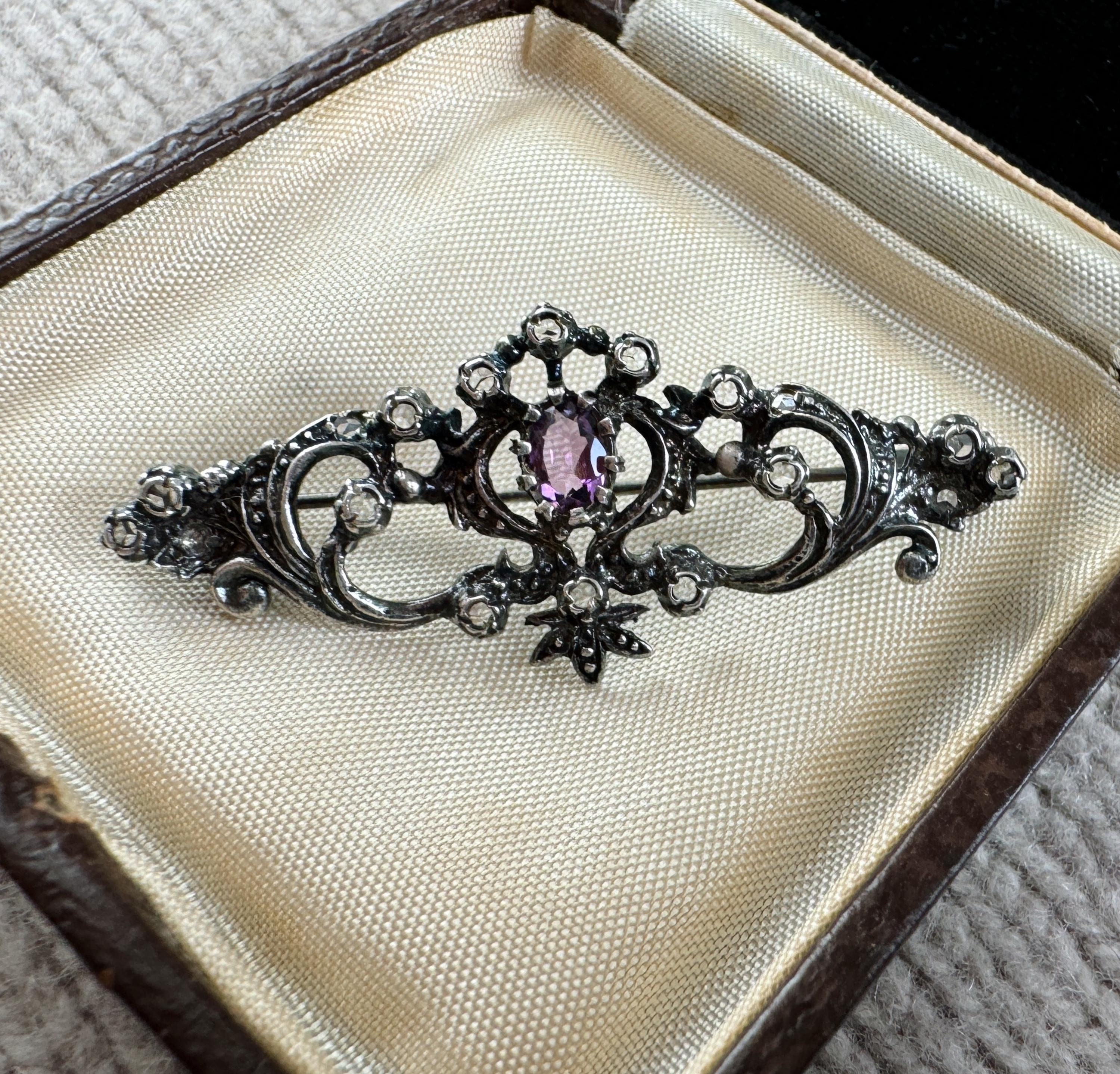 Antique Silver Diamond & Amethyst Brooch
