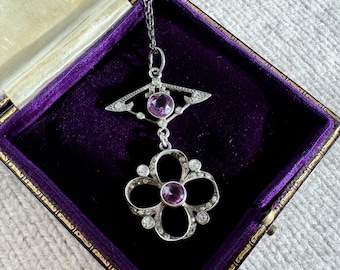 Antique Edwardian Silver Purple Paste Pendant Necklace