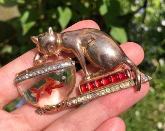 Vintage 1940s Antonio Aquilino Cat & Fishbowl Brooch (AF)