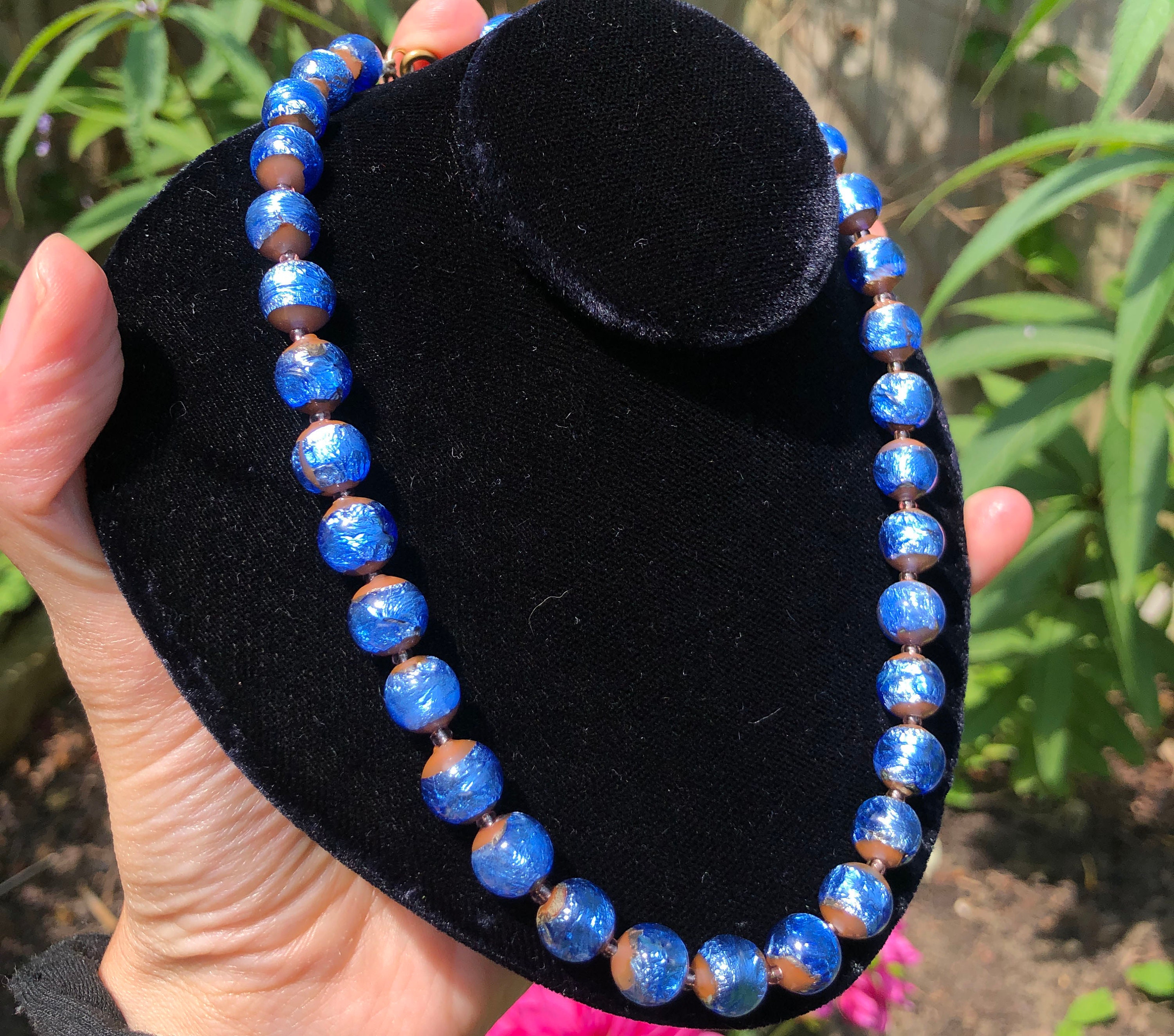 Antique Blue Foil Saphiret (?) Bohemian Glass Bead Necklace