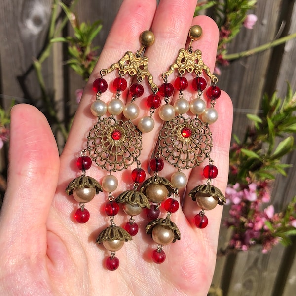 Vintage German Pearl & Red Glass Chandelier Screw Back Earrings